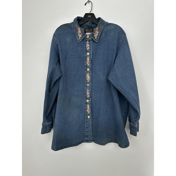 Bob Mackie Shirt Womens 1X Denim Embroidered Maypole Spring Button Floral Art To - Picture 2 of 11